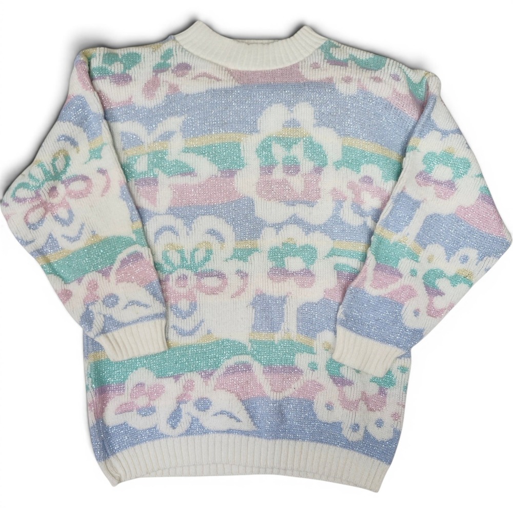 Vintage 80s Pastel Floral Sparkle Sweater Shimmer Metallic Knit Mock Neck Large
